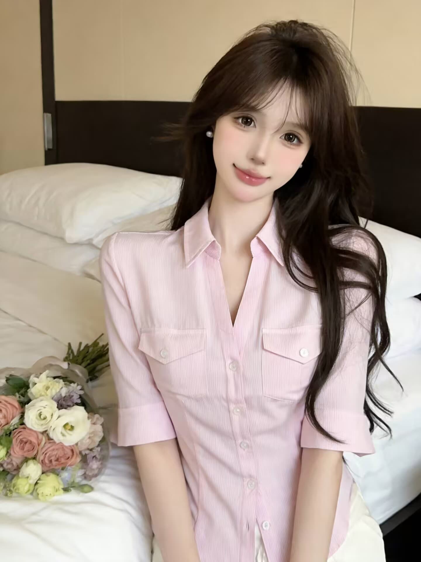 실사 새로운 자이언트 잘 생긴 품격 고유 한 순수한 욕망 핫걸 디자인 센스 스트라이프 V넥 여성 셔츠 상세 이미지 5