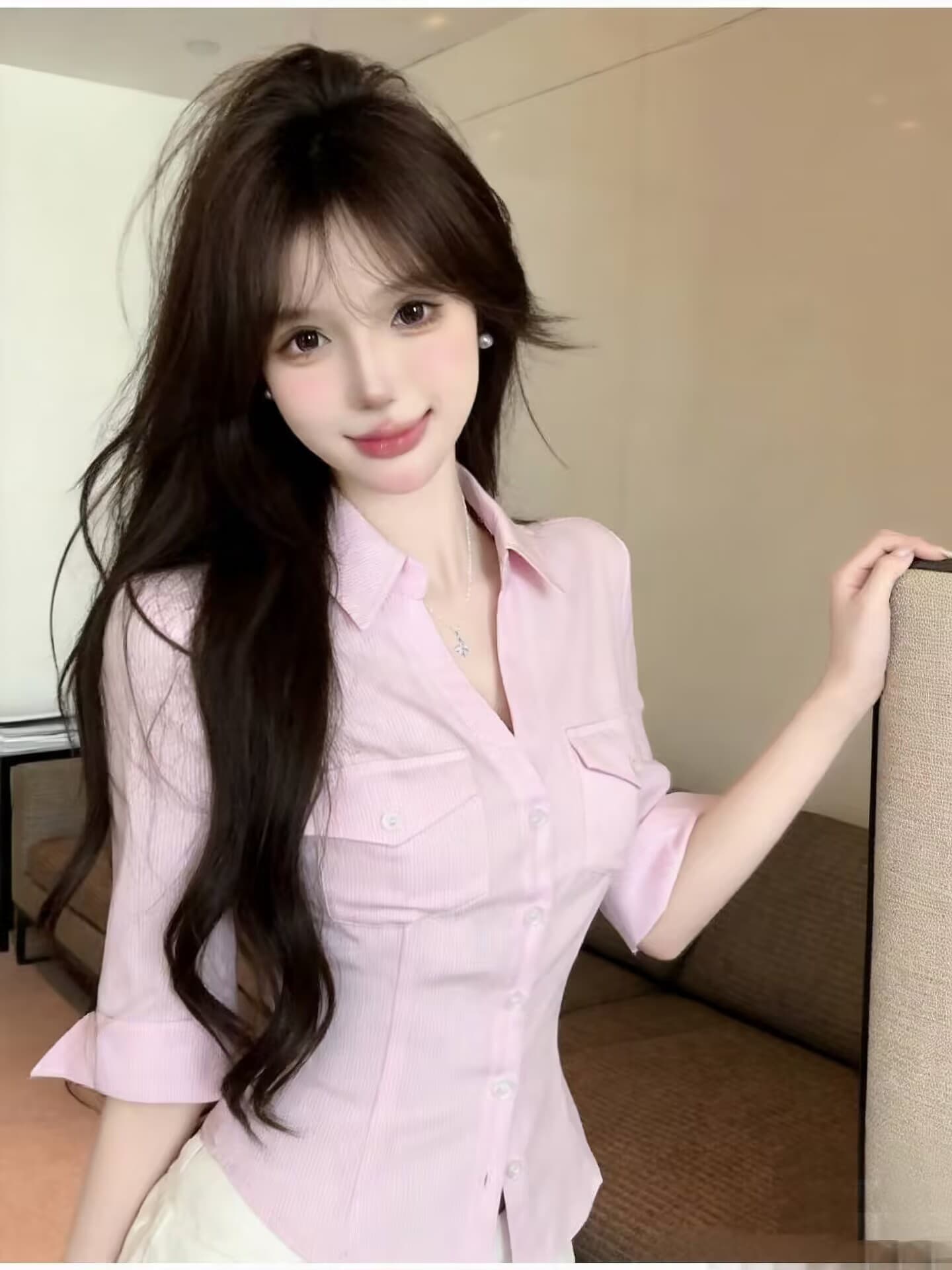 실사 새로운 자이언트 잘 생긴 품격 고유 한 순수한 욕망 핫걸 디자인 센스 스트라이프 V넥 여성 셔츠 상세 이미지 13