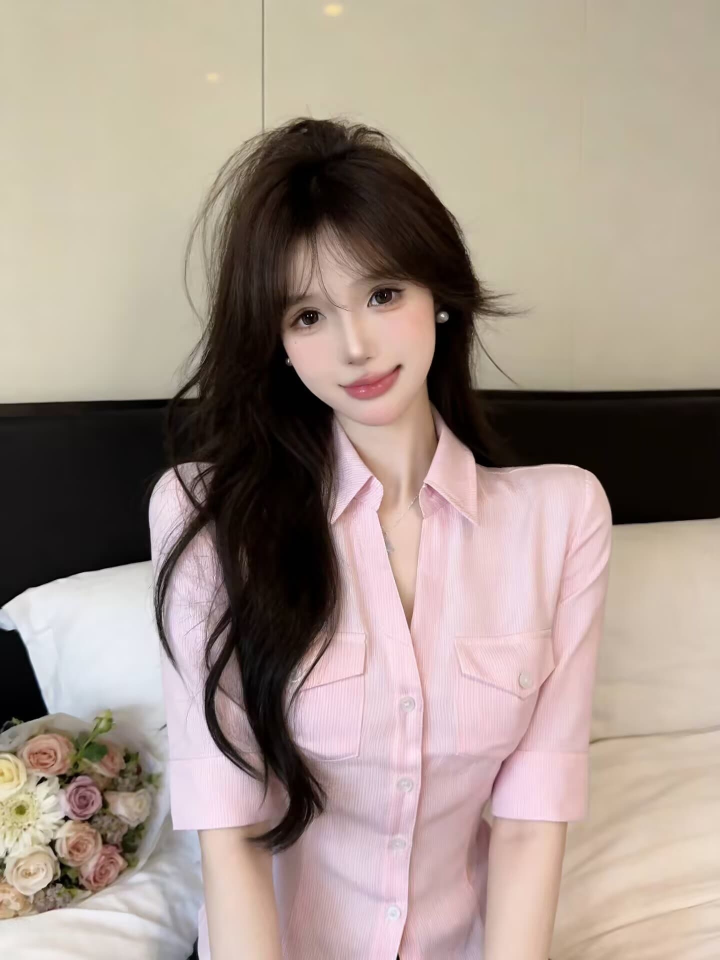 실사 새로운 자이언트 잘 생긴 품격 고유 한 순수한 욕망 핫걸 디자인 센스 스트라이프 V넥 여성 셔츠 상세 이미지 14