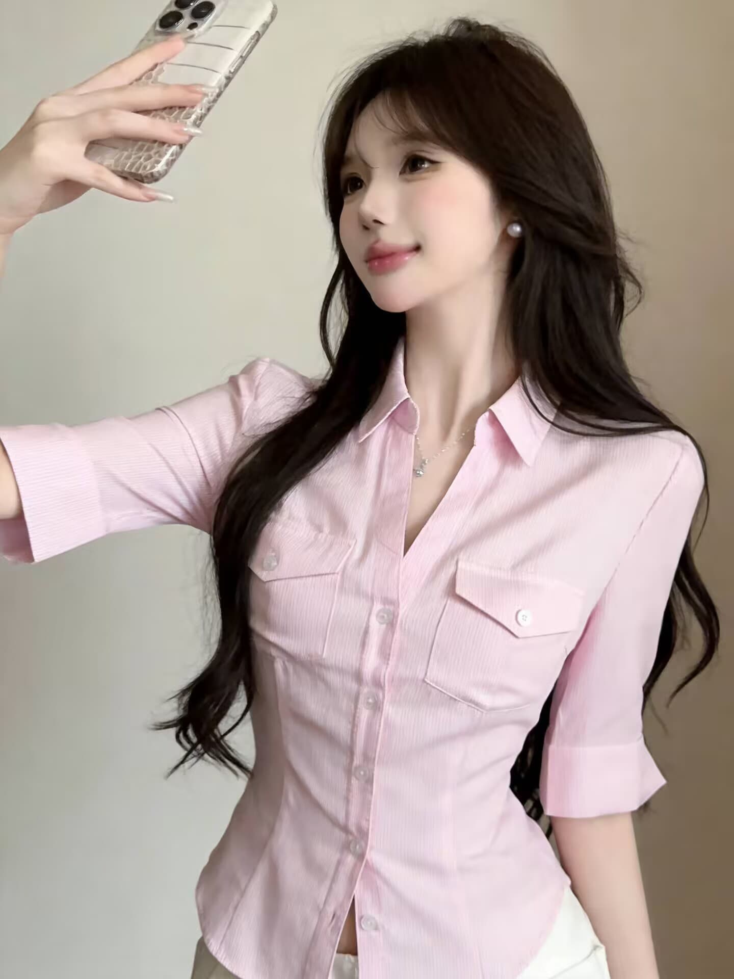 실사 새로운 자이언트 잘 생긴 품격 고유 한 순수한 욕망 핫걸 디자인 센스 스트라이프 V넥 여성 셔츠 상세 이미지 20