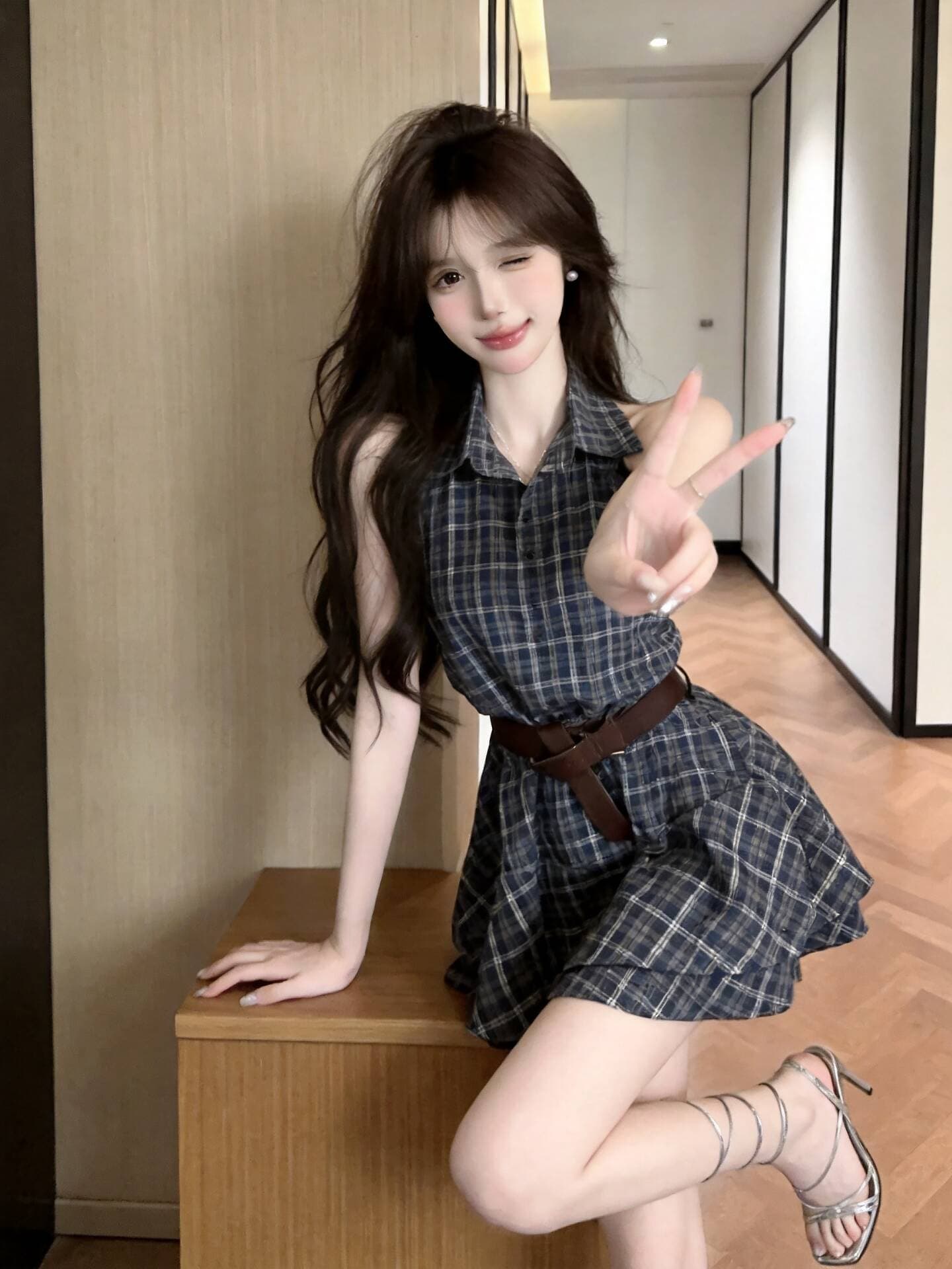 실사 새로운 핫걸 POLO 칼라 고유 한 디자인 센스 체크무늬 허리 수축 조끼 여성 드레스 벨트 상세 이미지 2