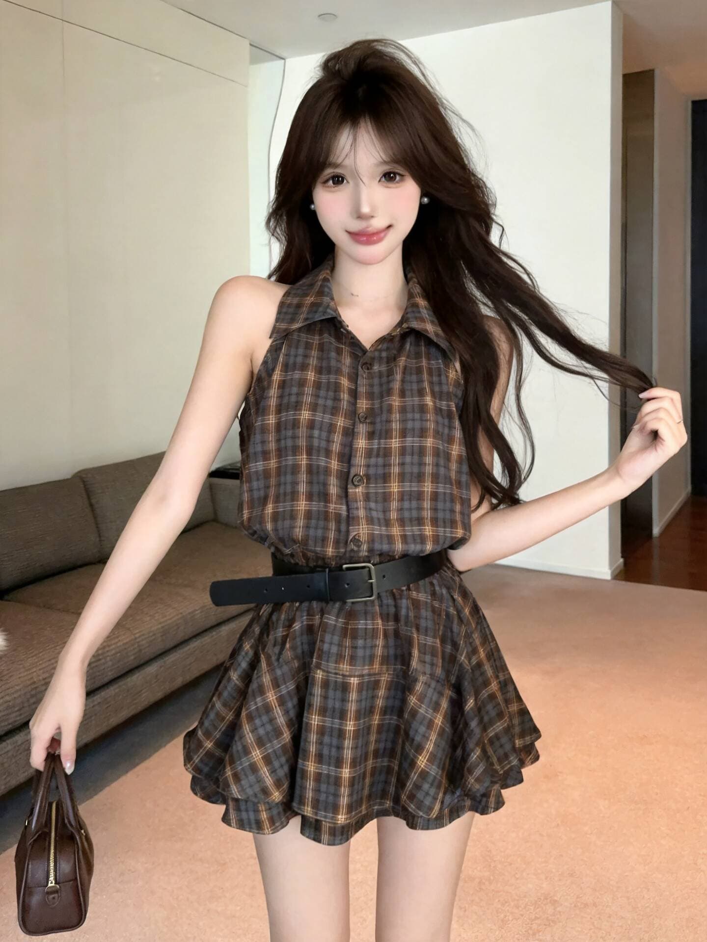 실사 새로운 핫걸 POLO 칼라 고유 한 디자인 센스 체크무늬 허리 수축 조끼 여성 드레스 벨트 상세 이미지 13