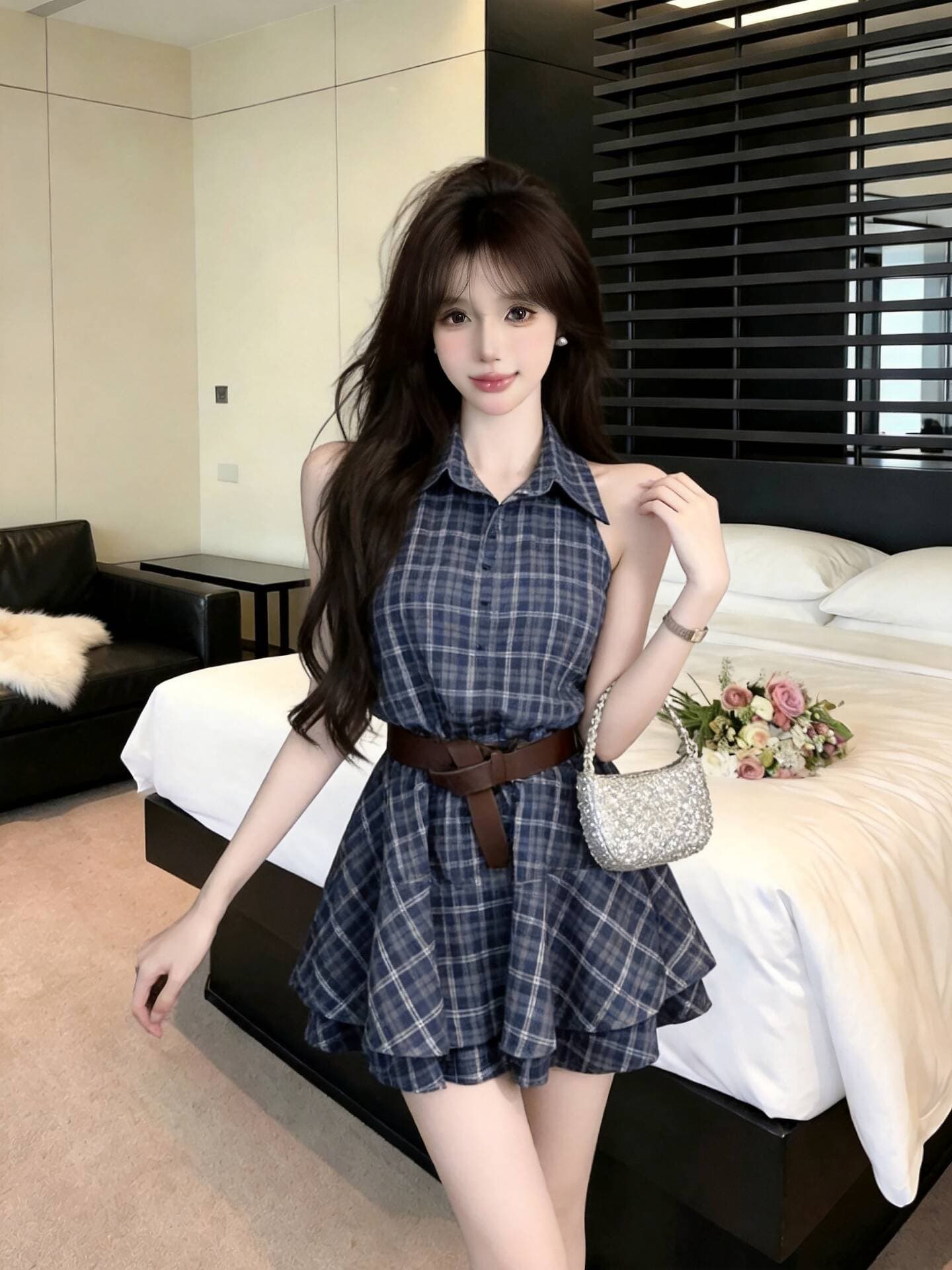 실사 새로운 핫걸 POLO 칼라 고유 한 디자인 센스 체크무늬 허리 수축 조끼 여성 드레스 벨트 이미지 3