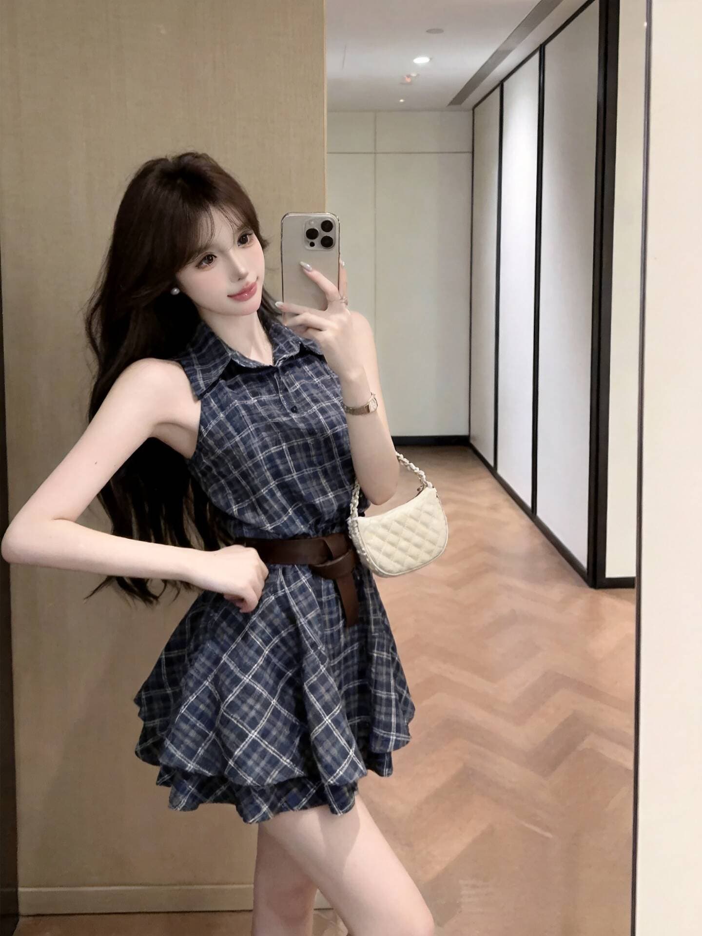 실사 새로운 핫걸 POLO 칼라 고유 한 디자인 센스 체크무늬 허리 수축 조끼 여성 드레스 벨트 이미지 4