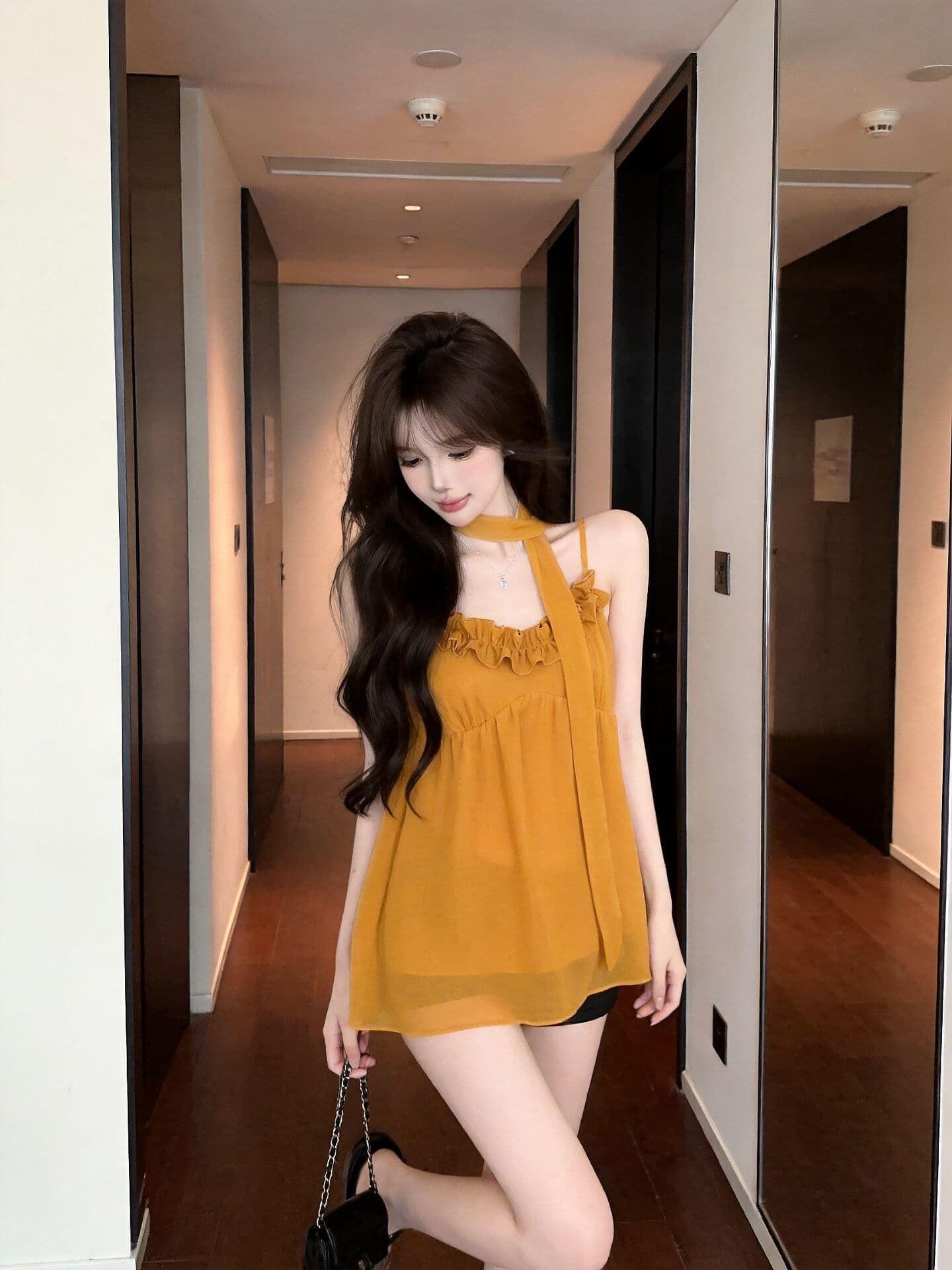 실사 새로운 고유 한 디자인 센스 프릴 슬립 슬림해 보이는 다용도 연령 감소 주름 맨위 여성 리본 상세 이미지 1