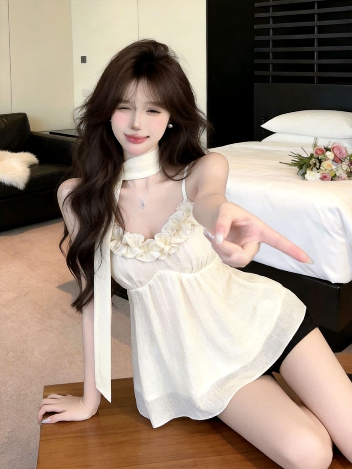 실사 새로운 고유 한 디자인 센스 프릴 슬립 슬림해 보이는 다용도 연령 감소 주름 맨위 여성 리본 상세 이미지 5