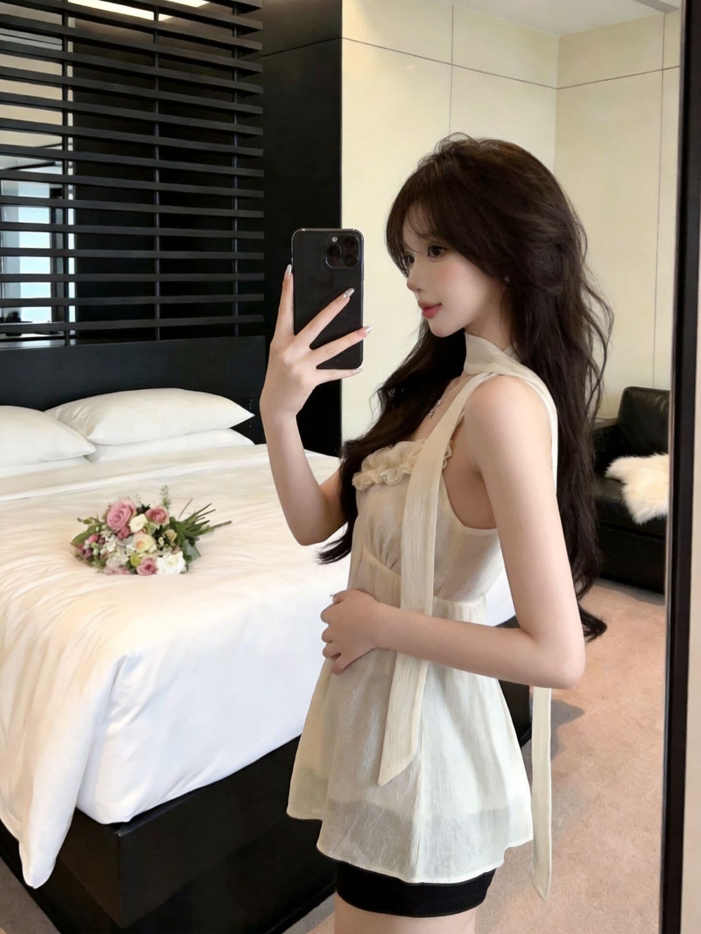 실사 새로운 고유 한 디자인 센스 프릴 슬립 슬림해 보이는 다용도 연령 감소 주름 맨위 여성 리본 상세 이미지 6
