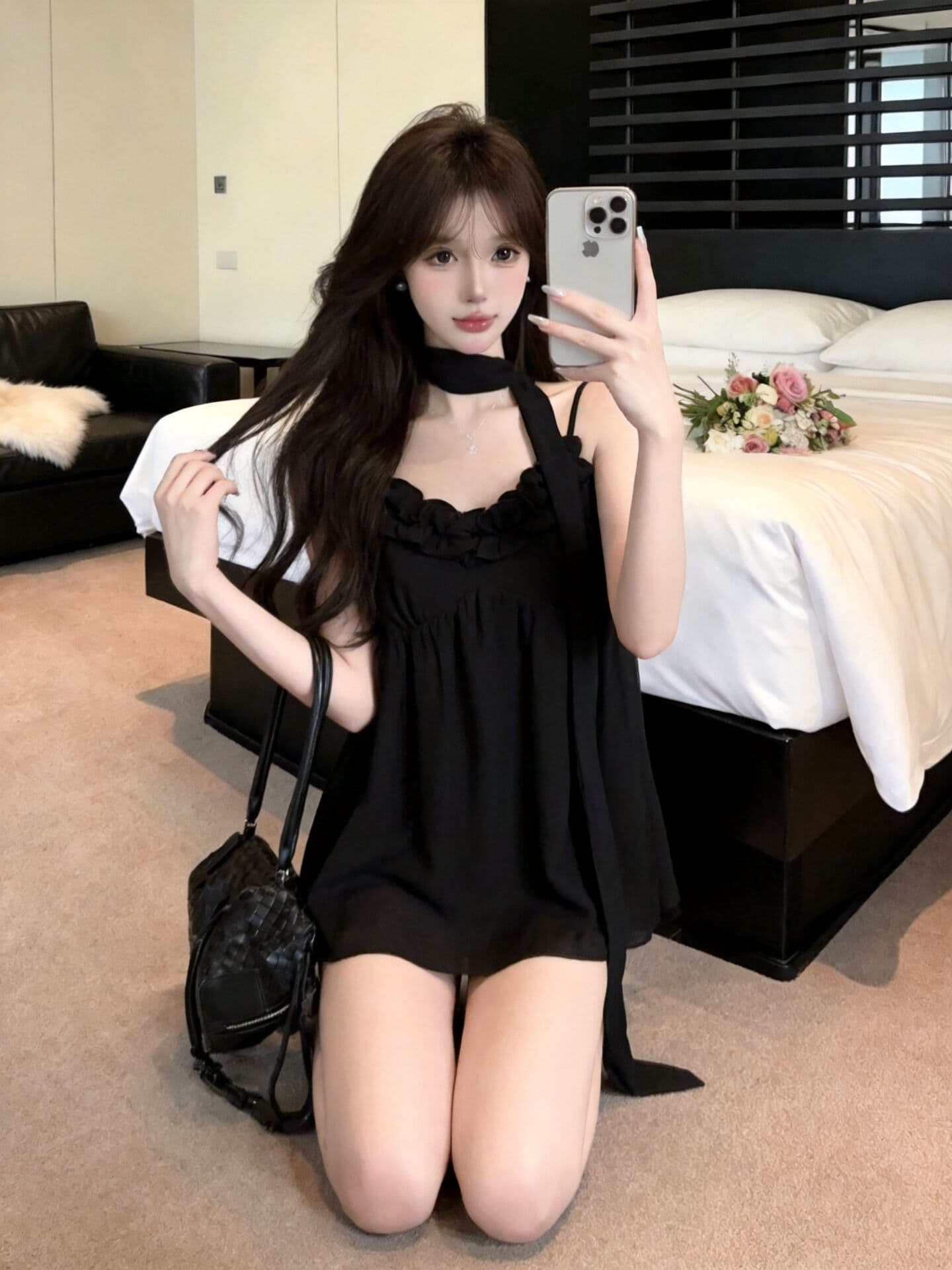 실사 새로운 고유 한 디자인 센스 프릴 슬립 슬림해 보이는 다용도 연령 감소 주름 맨위 여성 리본 상세 이미지 9