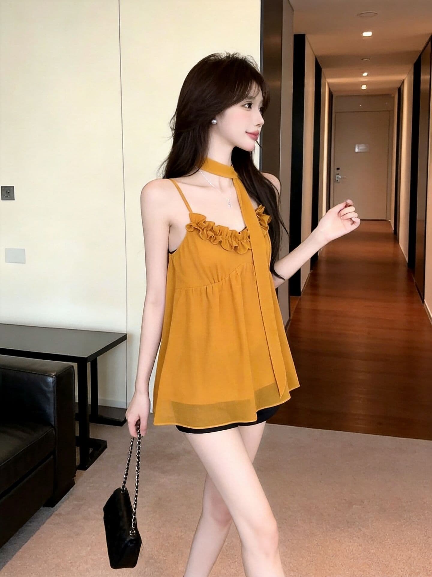 실사 새로운 고유 한 디자인 센스 프릴 슬립 슬림해 보이는 다용도 연령 감소 주름 맨위 여성 리본 상세 이미지 13