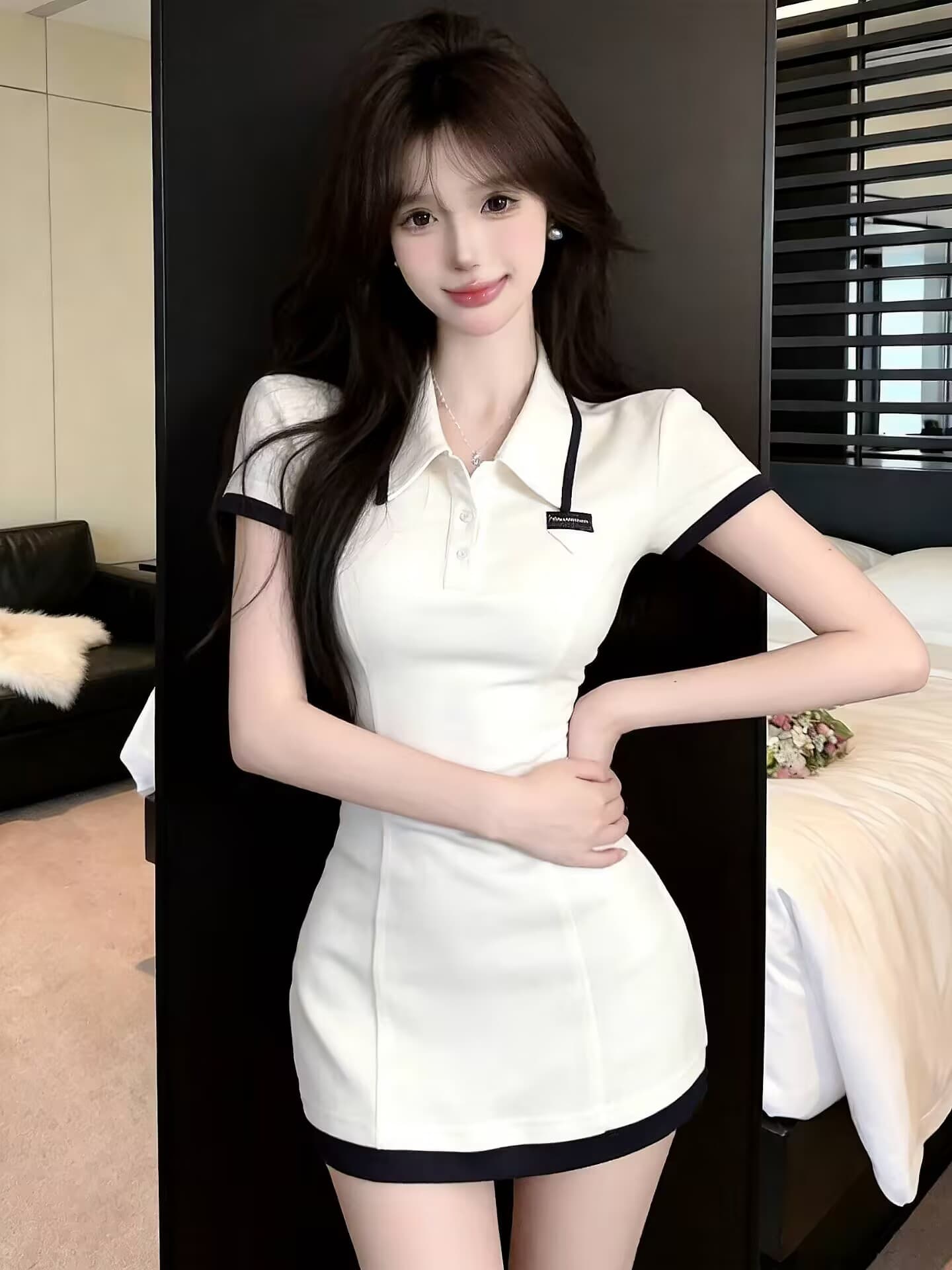 실사 새로운 한국 스타일 ins 바람 miu 부서 센스 POLO 칼라 반팔 타이트 스커트 허리 수축 여성 드레스 상세 이미지 6