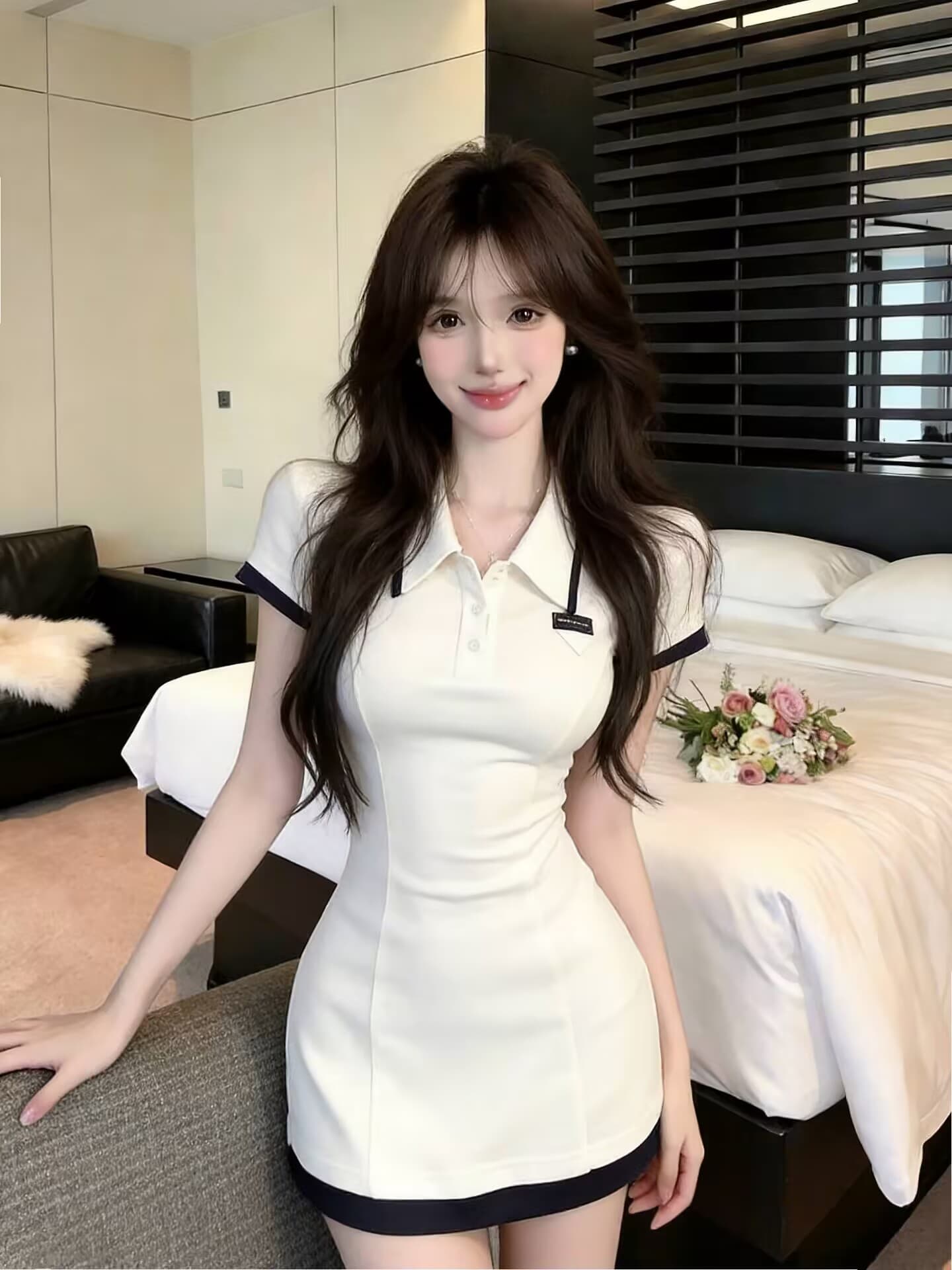 실사 새로운 한국 스타일 ins 바람 miu 부서 센스 POLO 칼라 반팔 타이트 스커트 허리 수축 여성 드레스 상세 이미지 8