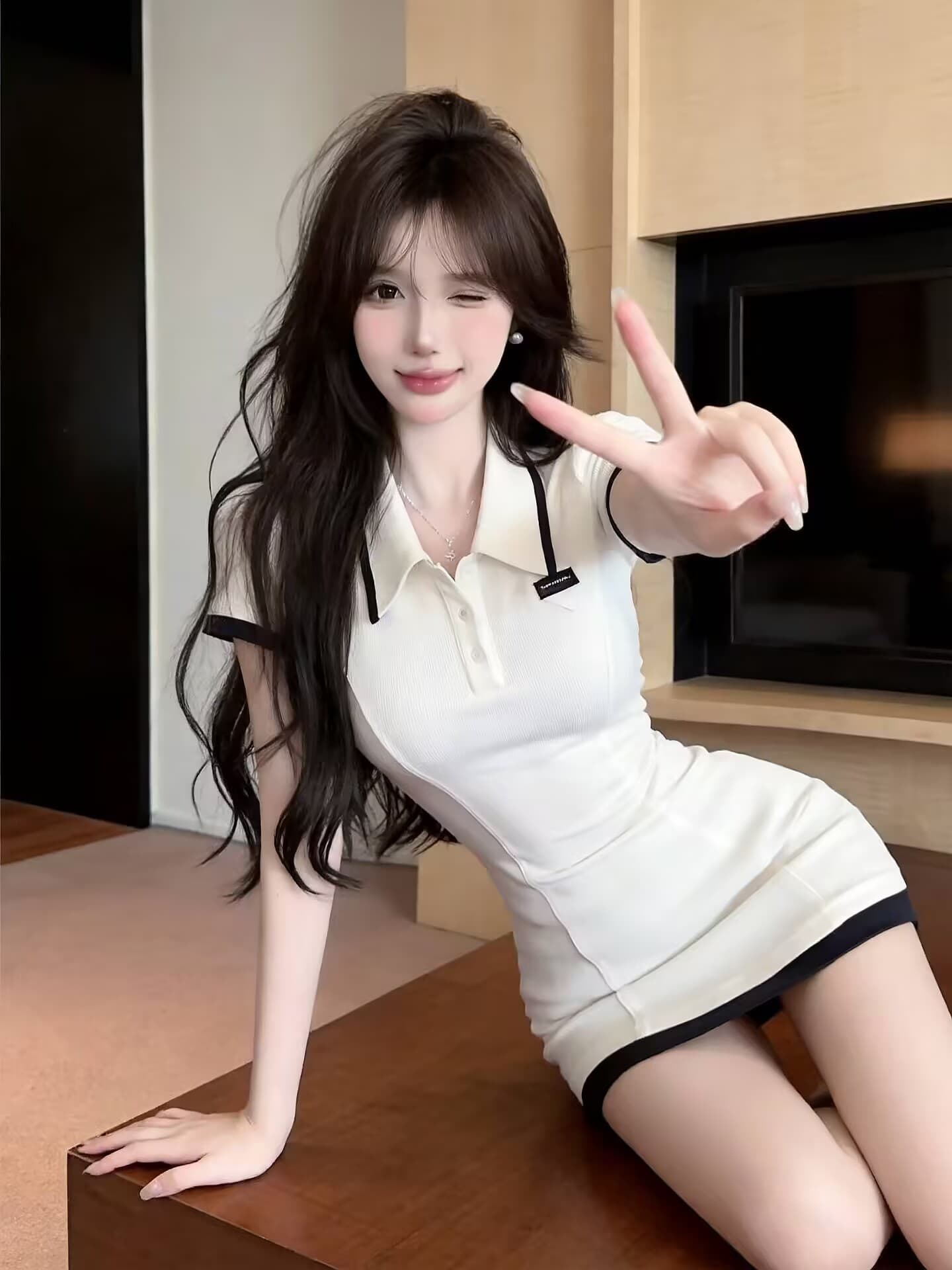 실사 새로운 한국 스타일 ins 바람 miu 부서 센스 POLO 칼라 반팔 타이트 스커트 허리 수축 여성 드레스 상세 이미지 10