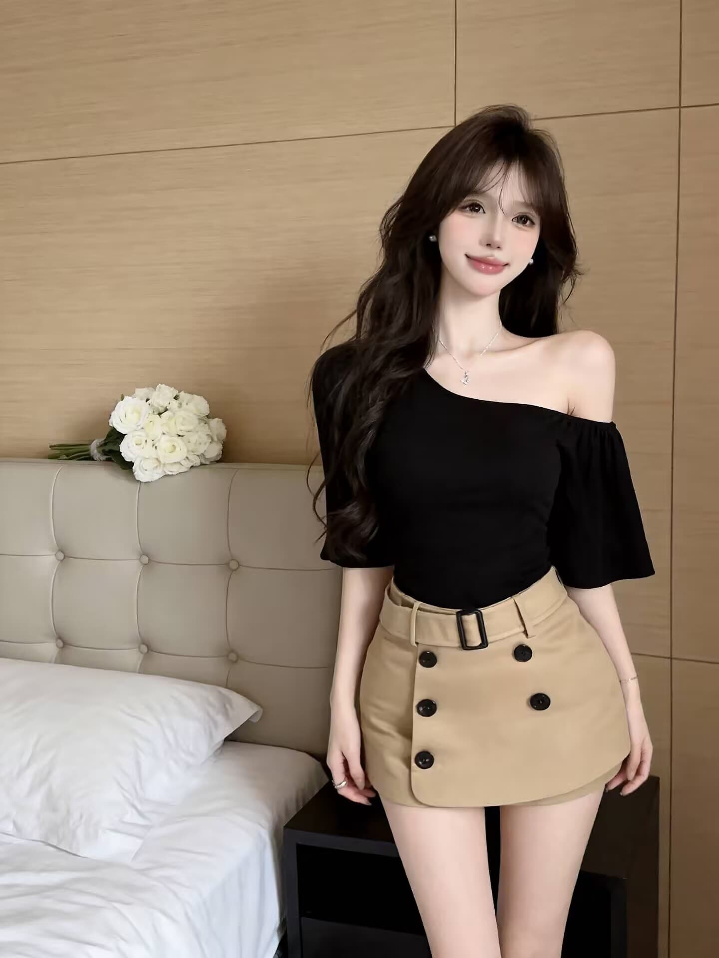 실사 새로운 얇은 어깨 tee 모달 나팔 소매 비스듬한 어깨 의류 티셔츠 이중 버튼 타이트 스커트 치마 세트 여성 상세 이미지 2