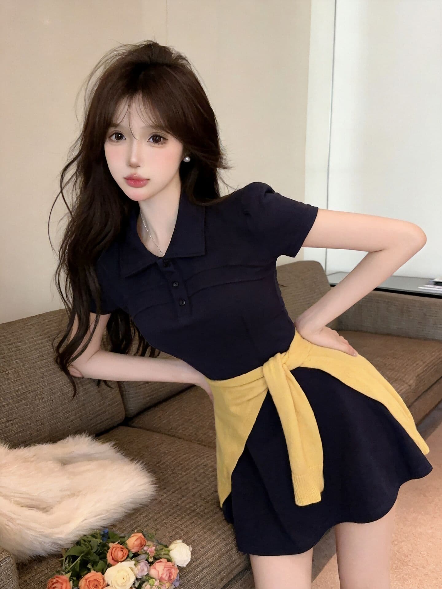 실사 새로운 한국 스타일 ins 바람 miu 부서 센스 POLO 칼라 고유 한 디자인 센스 허리 수축 여성 드레스 숄 상세 이미지 2