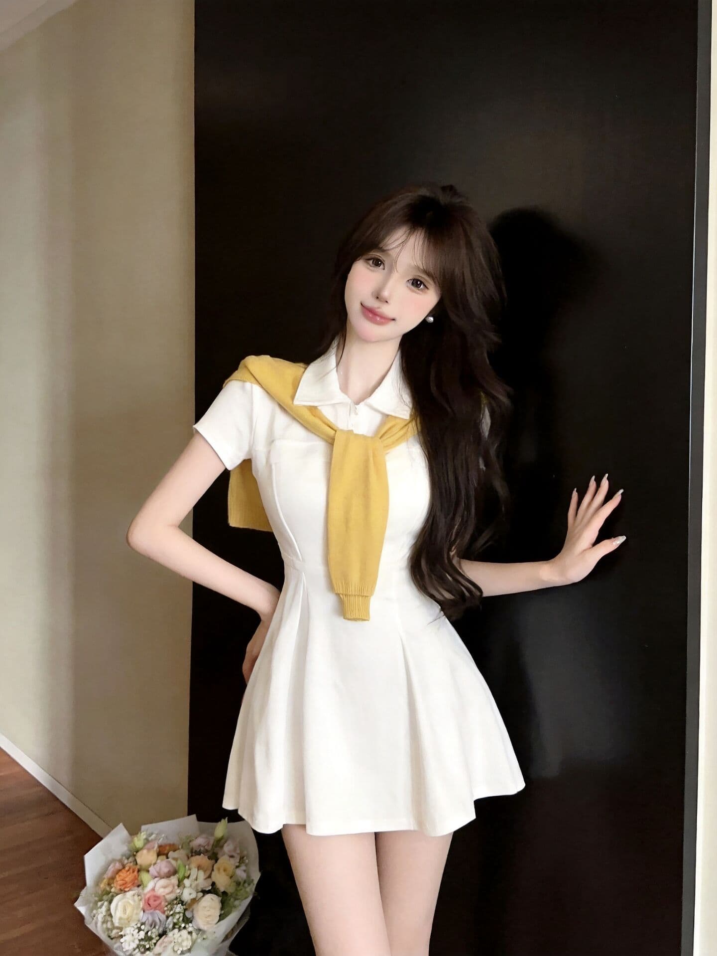 실사 새로운 한국 스타일 ins 바람 miu 부서 센스 POLO 칼라 고유 한 디자인 센스 허리 수축 여성 드레스 숄 상세 이미지 21