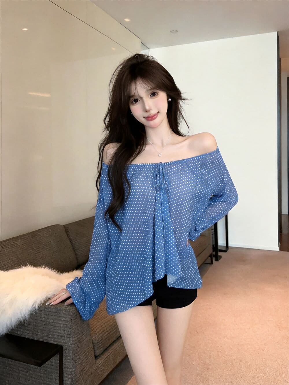 실사 새로운 오프숄더 도트 무늬 레이스업 얇은 스타일 시폰 셔츠 여성 루즈핏 마이크로 ~을 통해 디자인 센스 긴팔 맨위 상세 이미지 2