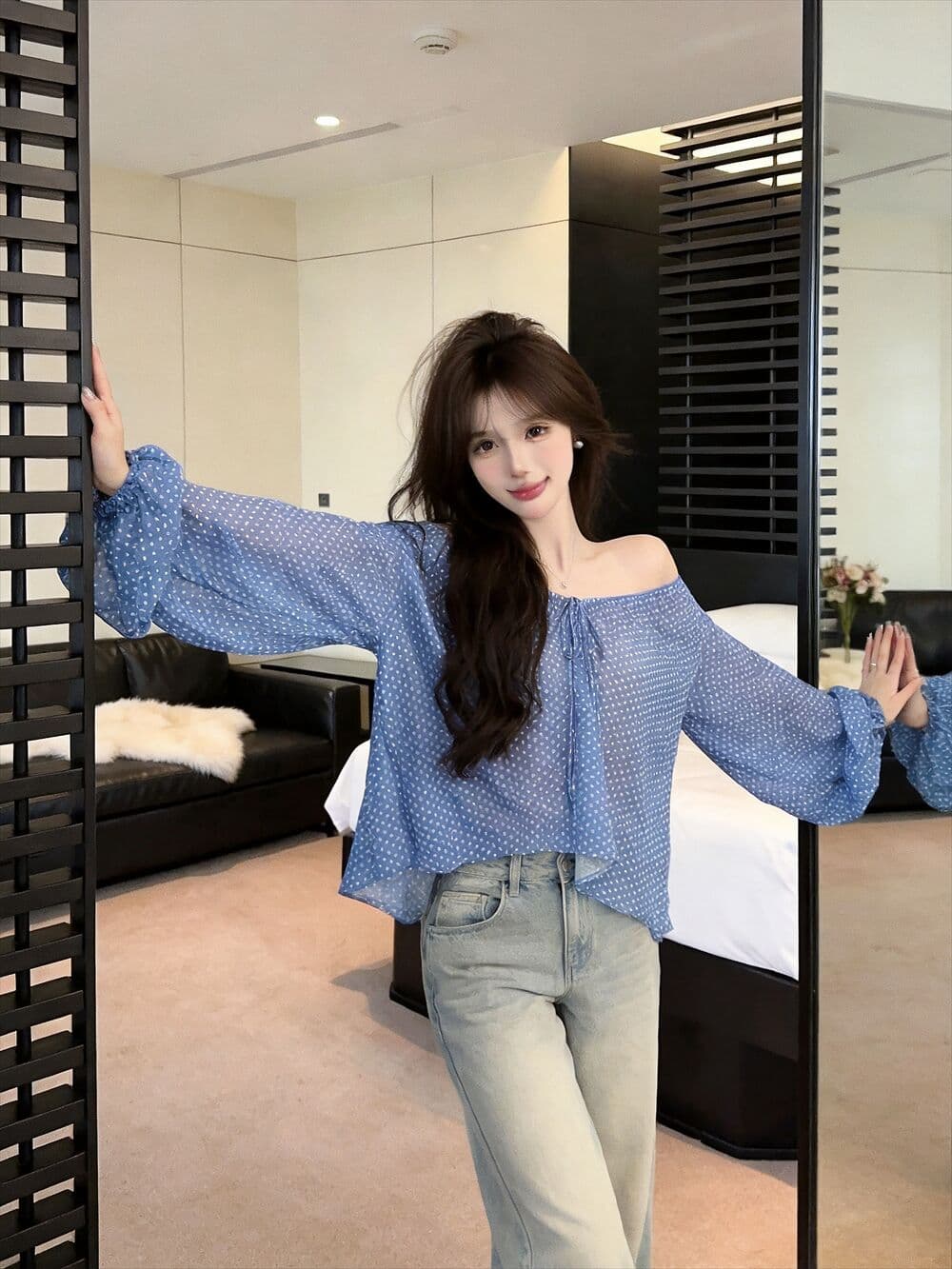 실사 새로운 오프숄더 도트 무늬 레이스업 얇은 스타일 시폰 셔츠 여성 루즈핏 마이크로 ~을 통해 디자인 센스 긴팔 맨위 상세 이미지 3