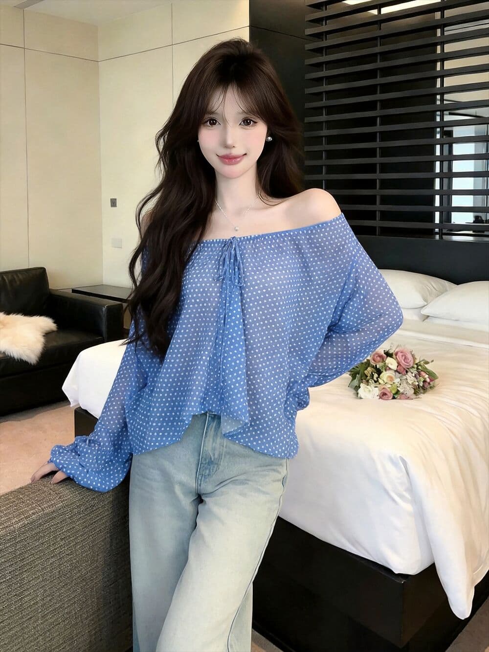 실사 새로운 오프숄더 도트 무늬 레이스업 얇은 스타일 시폰 셔츠 여성 루즈핏 마이크로 ~을 통해 디자인 센스 긴팔 맨위 상세 이미지 4
