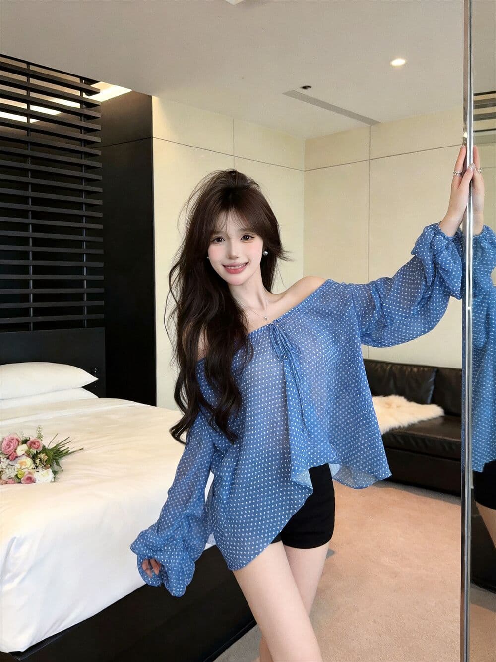 실사 새로운 오프숄더 도트 무늬 레이스업 얇은 스타일 시폰 셔츠 여성 루즈핏 마이크로 ~을 통해 디자인 센스 긴팔 맨위 상세 이미지 5