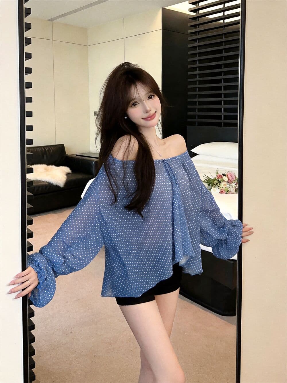 실사 새로운 오프숄더 도트 무늬 레이스업 얇은 스타일 시폰 셔츠 여성 루즈핏 마이크로 ~을 통해 디자인 센스 긴팔 맨위 상세 이미지 8