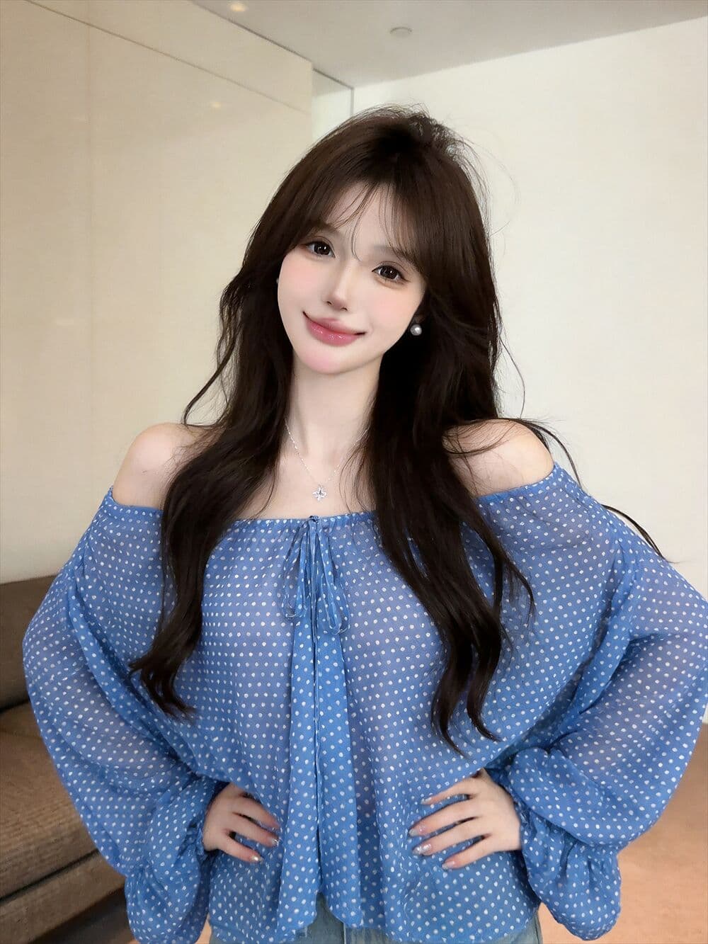 실사 새로운 오프숄더 도트 무늬 레이스업 얇은 스타일 시폰 셔츠 여성 루즈핏 마이크로 ~을 통해 디자인 센스 긴팔 맨위 상세 이미지 9
