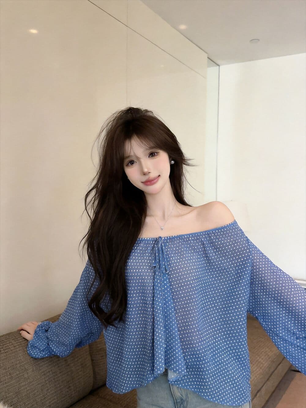 실사 새로운 오프숄더 도트 무늬 레이스업 얇은 스타일 시폰 셔츠 여성 루즈핏 마이크로 ~을 통해 디자인 센스 긴팔 맨위 상세 이미지 10