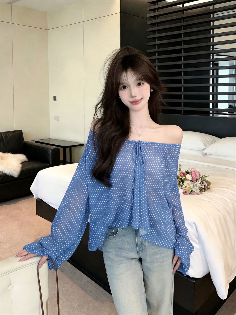 실사 새로운 오프숄더 도트 무늬 레이스업 얇은 스타일 시폰 셔츠 여성 루즈핏 마이크로 ~을 통해 디자인 센스 긴팔 맨위 상세 이미지 12