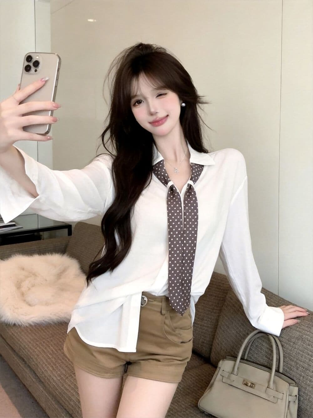 실사 새로운 자이언트 잘 생긴 한 부서 루즈핏 착용 가져 가라. 순수한 욕망 폴로 칼라 긴팔 셔츠 스카프 상세 이미지 1