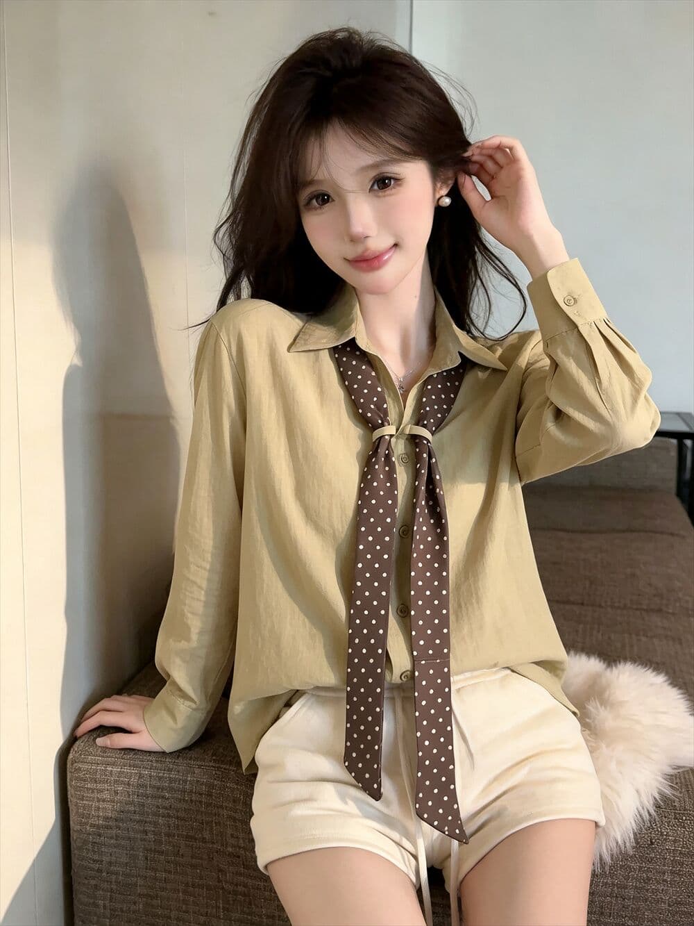 실사 새로운 자이언트 잘 생긴 한 부서 루즈핏 착용 가져 가라. 순수한 욕망 폴로 칼라 긴팔 셔츠 스카프 상세 이미지 2