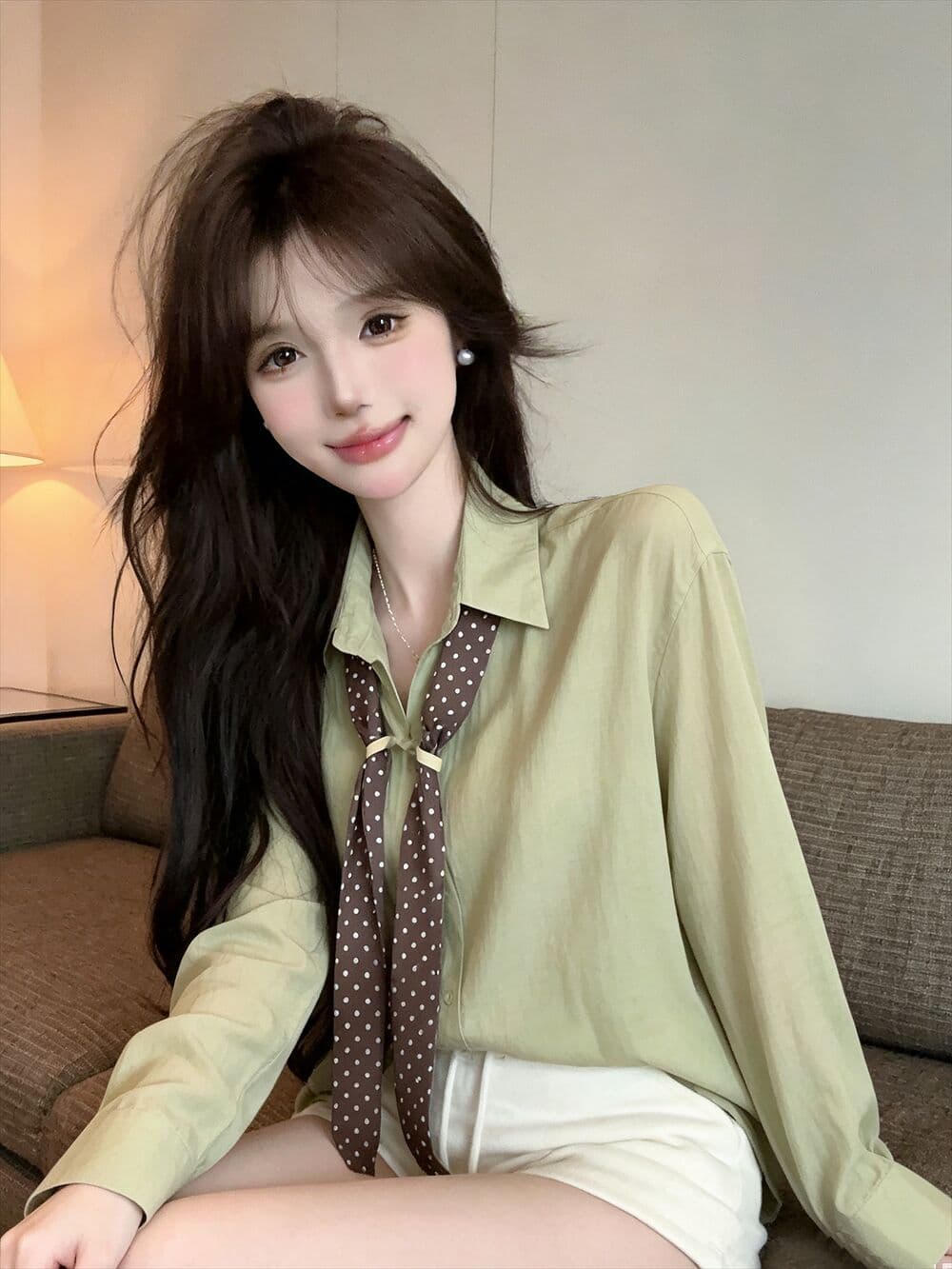실사 새로운 자이언트 잘 생긴 한 부서 루즈핏 착용 가져 가라. 순수한 욕망 폴로 칼라 긴팔 셔츠 스카프 상세 이미지 4