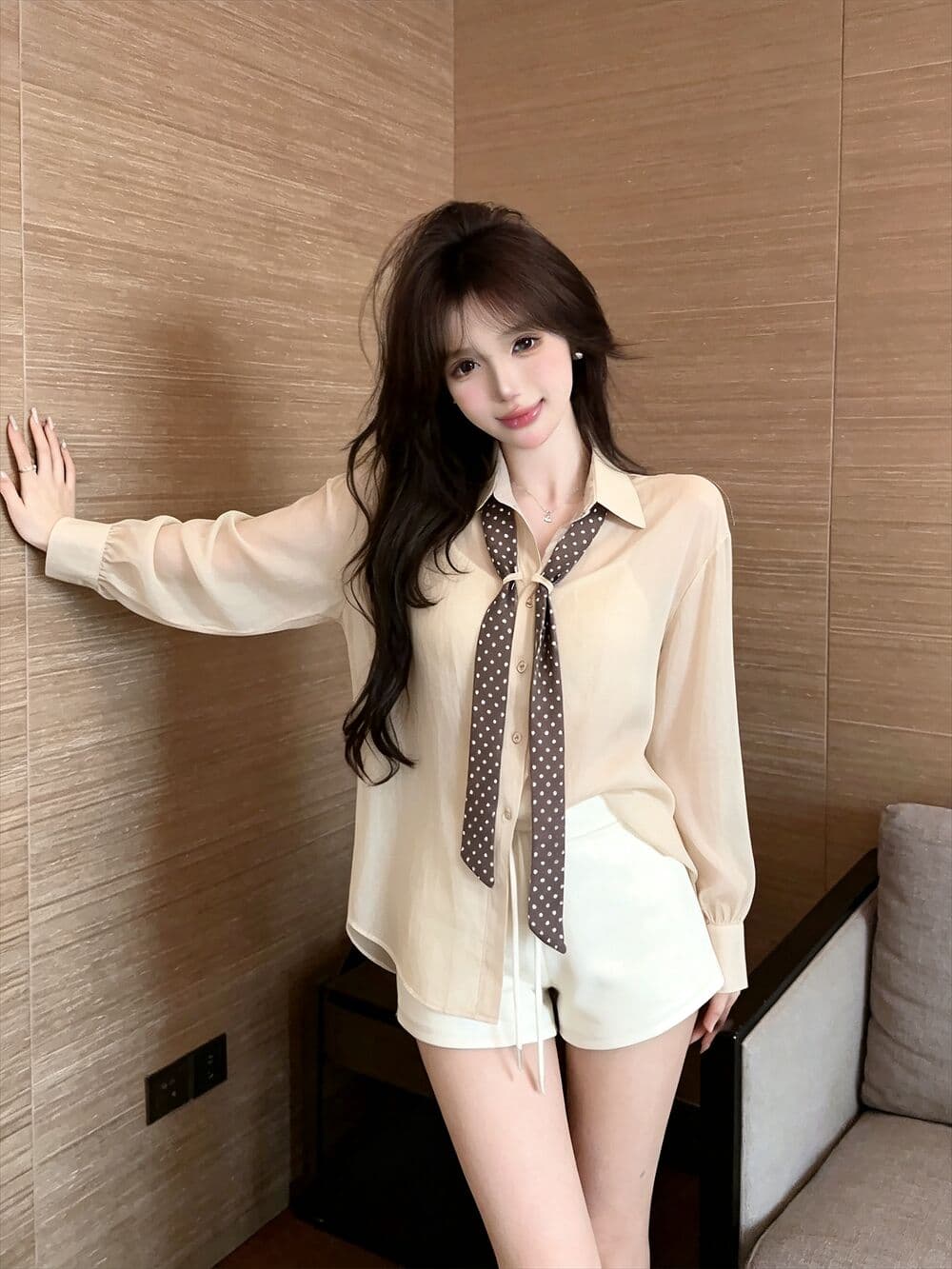 실사 새로운 자이언트 잘 생긴 한 부서 루즈핏 착용 가져 가라. 순수한 욕망 폴로 칼라 긴팔 셔츠 스카프 상세 이미지 6