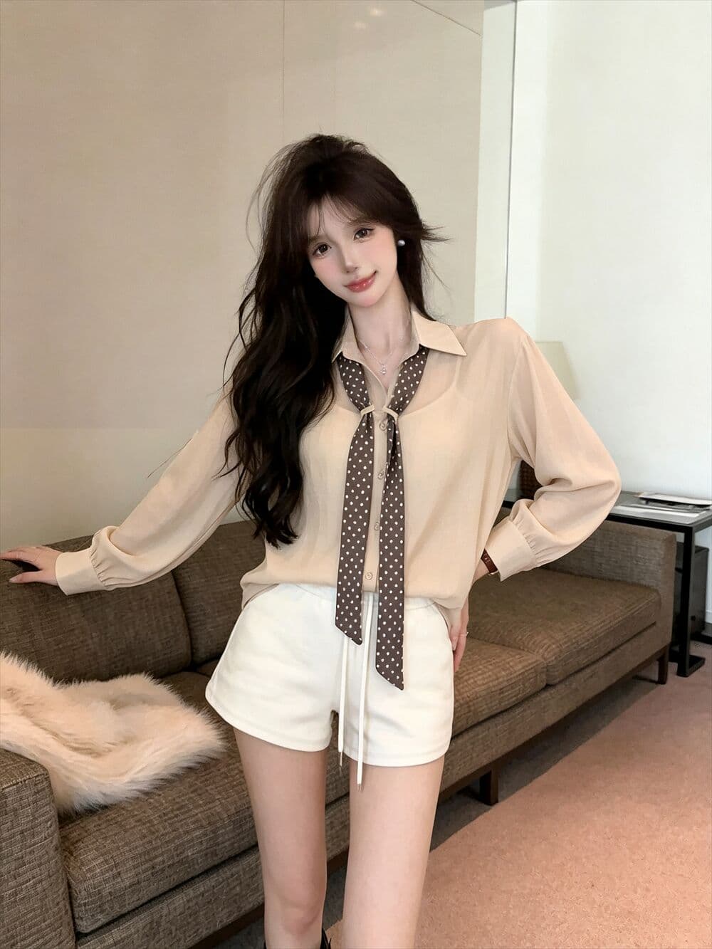 실사 새로운 자이언트 잘 생긴 한 부서 루즈핏 착용 가져 가라. 순수한 욕망 폴로 칼라 긴팔 셔츠 스카프 상세 이미지 8