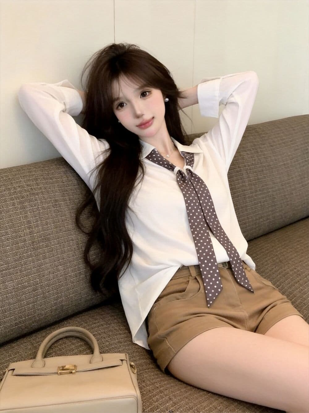 실사 새로운 자이언트 잘 생긴 한 부서 루즈핏 착용 가져 가라. 순수한 욕망 폴로 칼라 긴팔 셔츠 스카프 상세 이미지 10