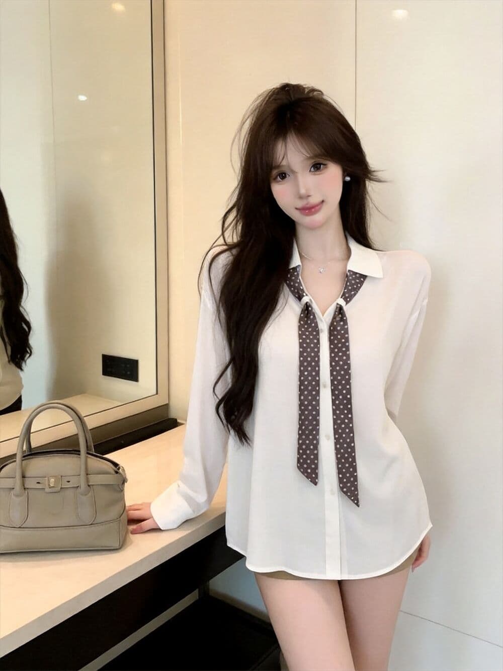 실사 새로운 자이언트 잘 생긴 한 부서 루즈핏 착용 가져 가라. 순수한 욕망 폴로 칼라 긴팔 셔츠 스카프 상세 이미지 12