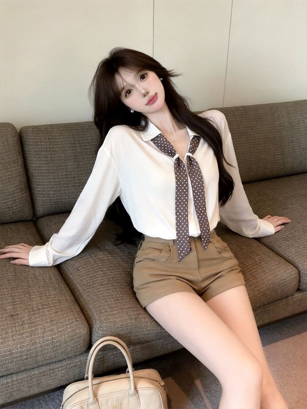 실사 새로운 자이언트 잘 생긴 한 부서 루즈핏 착용 가져 가라. 순수한 욕망 폴로 칼라 긴팔 셔츠 스카프 상세 이미지 13