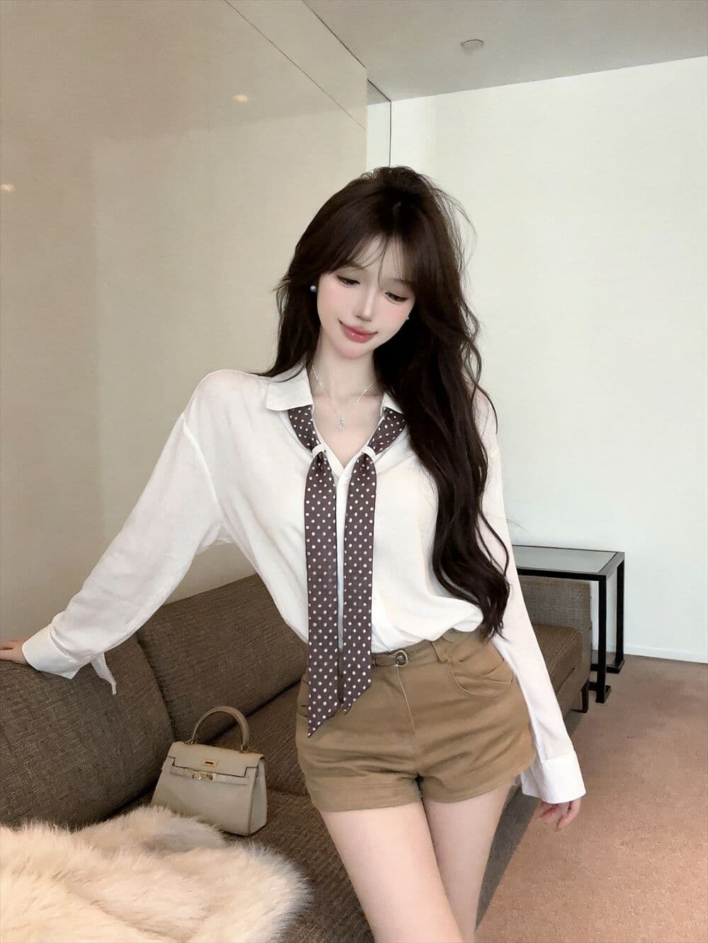 실사 새로운 자이언트 잘 생긴 한 부서 루즈핏 착용 가져 가라. 순수한 욕망 폴로 칼라 긴팔 셔츠 스카프 상세 이미지 19