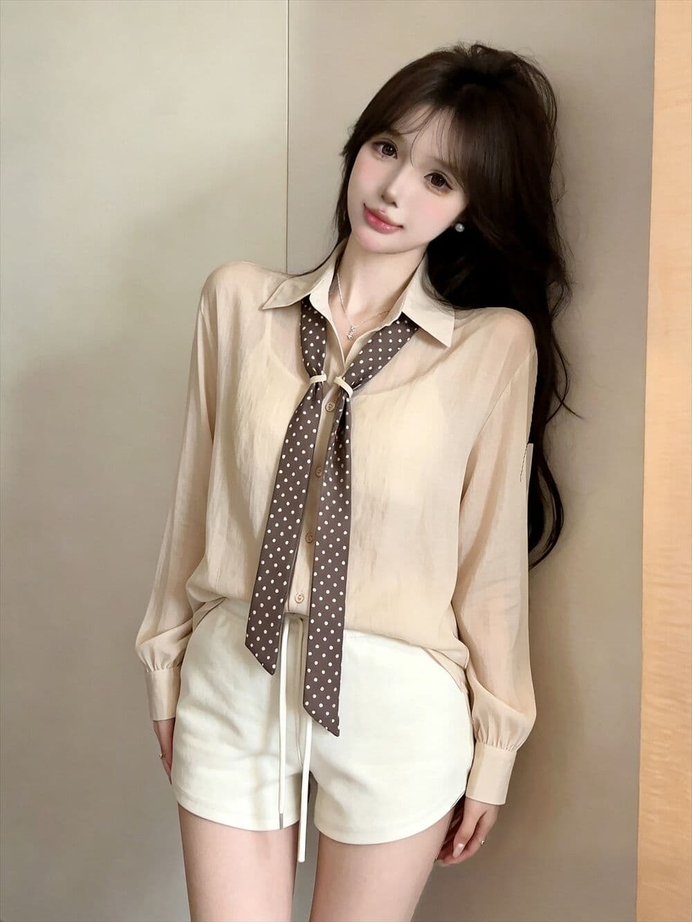 실사 새로운 자이언트 잘 생긴 한 부서 루즈핏 착용 가져 가라. 순수한 욕망 폴로 칼라 긴팔 셔츠 스카프 이미지 4