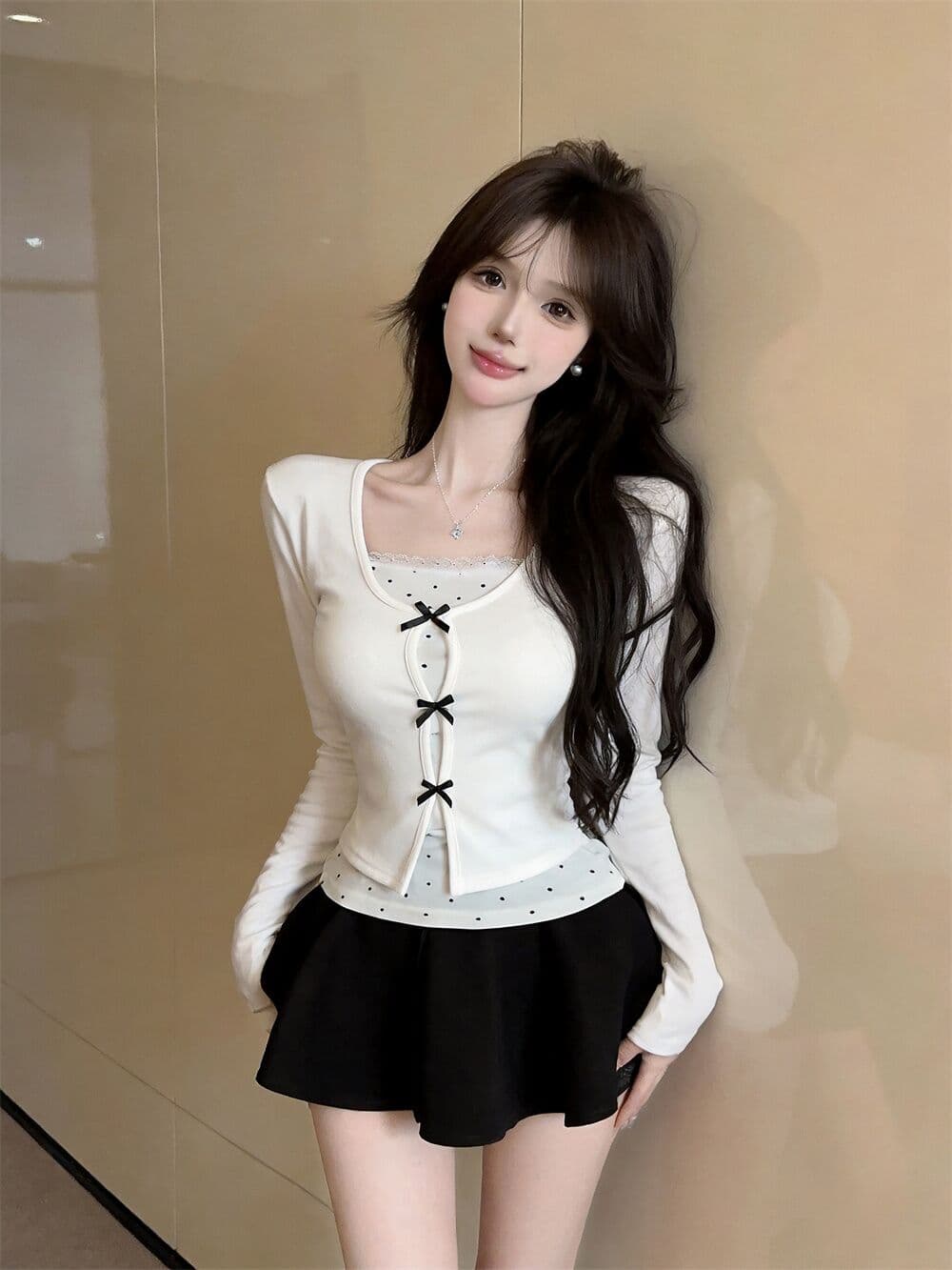 실사 새로운 순수한 욕망 핫걸 고유 한 디자인 센스 나비 매듭 페이크 레이어드 패치워크 긴팔 맨위 여성 상세 이미지 1