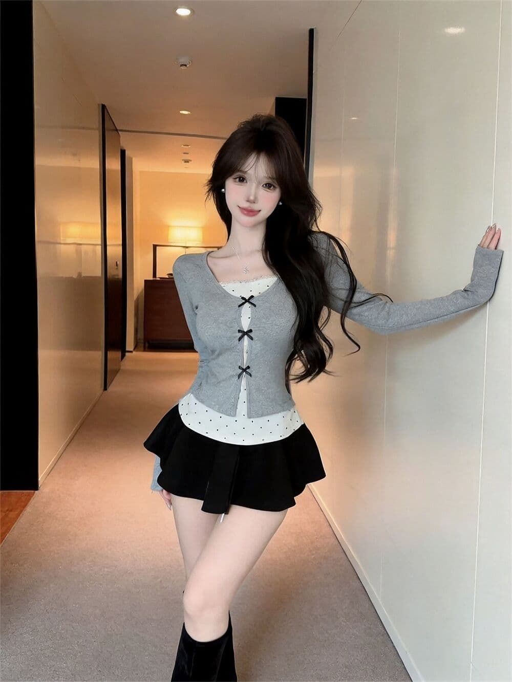 실사 새로운 순수한 욕망 핫걸 고유 한 디자인 센스 나비 매듭 페이크 레이어드 패치워크 긴팔 맨위 여성 상세 이미지 2