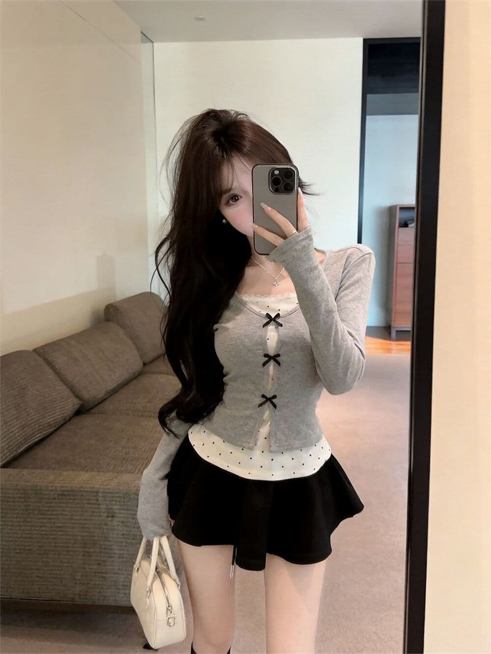 실사 새로운 순수한 욕망 핫걸 고유 한 디자인 센스 나비 매듭 페이크 레이어드 패치워크 긴팔 맨위 여성 상세 이미지 6