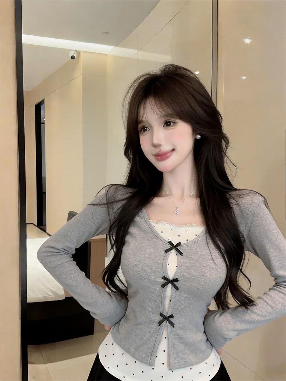 실사 새로운 순수한 욕망 핫걸 고유 한 디자인 센스 나비 매듭 페이크 레이어드 패치워크 긴팔 맨위 여성 상세 이미지 8