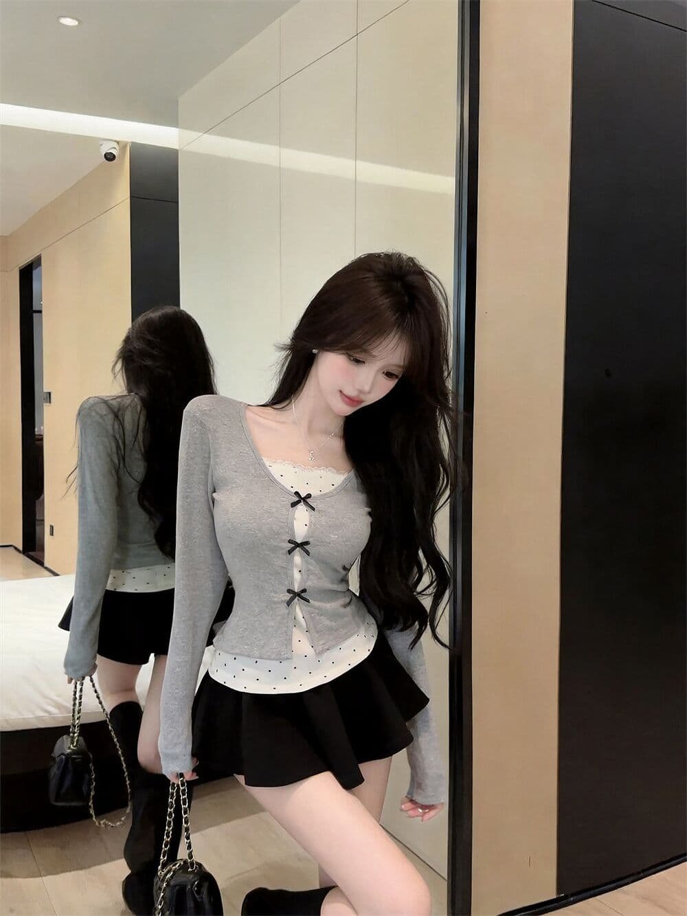 실사 새로운 순수한 욕망 핫걸 고유 한 디자인 센스 나비 매듭 페이크 레이어드 패치워크 긴팔 맨위 여성 상세 이미지 13