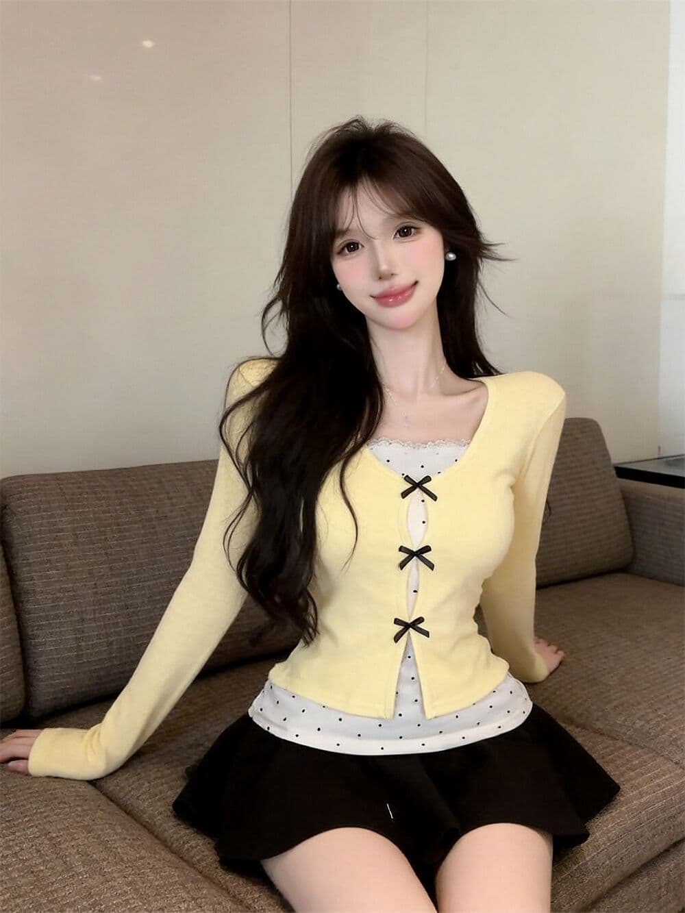 실사 새로운 순수한 욕망 핫걸 고유 한 디자인 센스 나비 매듭 페이크 레이어드 패치워크 긴팔 맨위 여성 상세 이미지 15