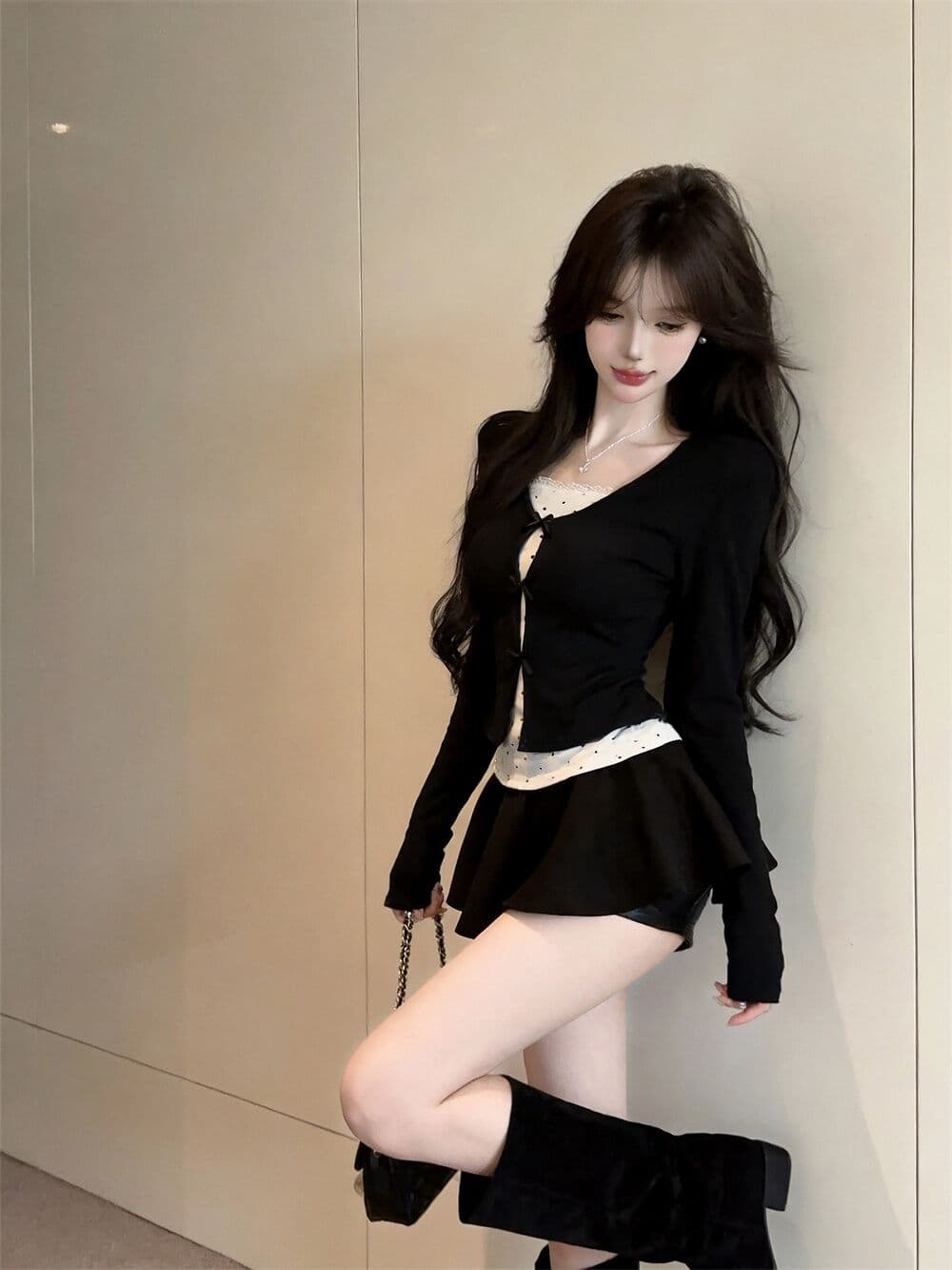 실사 새로운 순수한 욕망 핫걸 고유 한 디자인 센스 나비 매듭 페이크 레이어드 패치워크 긴팔 맨위 여성 상세 이미지 18