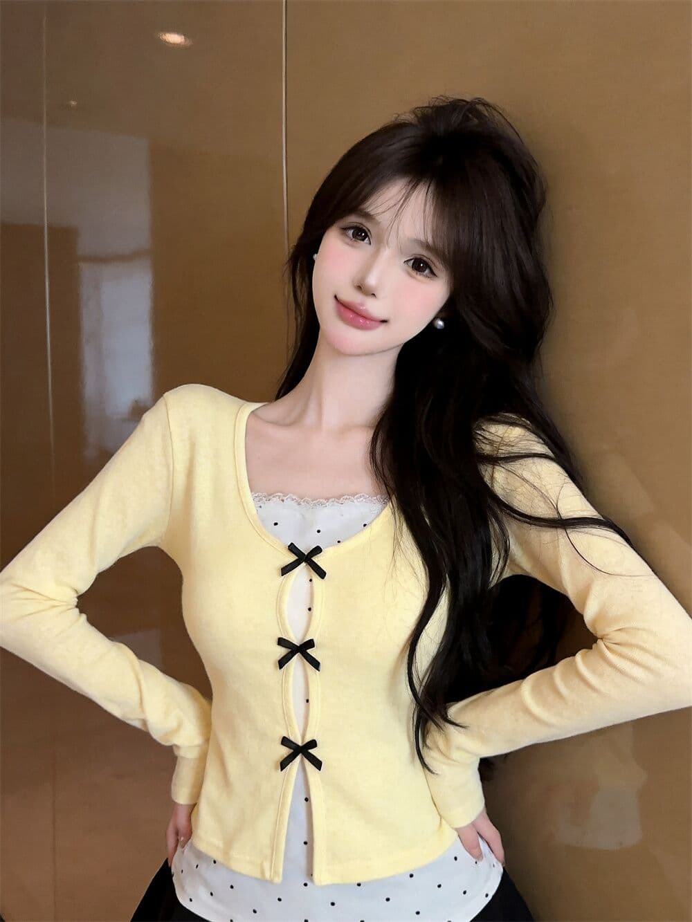 실사 새로운 순수한 욕망 핫걸 고유 한 디자인 센스 나비 매듭 페이크 레이어드 패치워크 긴팔 맨위 여성 이미지 2