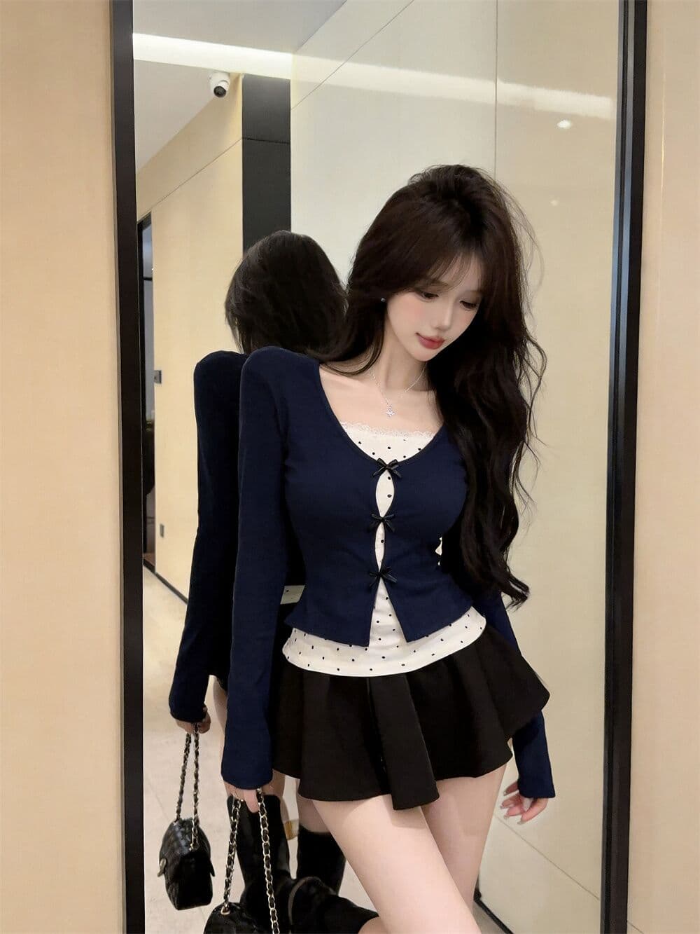 실사 새로운 순수한 욕망 핫걸 고유 한 디자인 센스 나비 매듭 페이크 레이어드 패치워크 긴팔 맨위 여성 이미지 3
