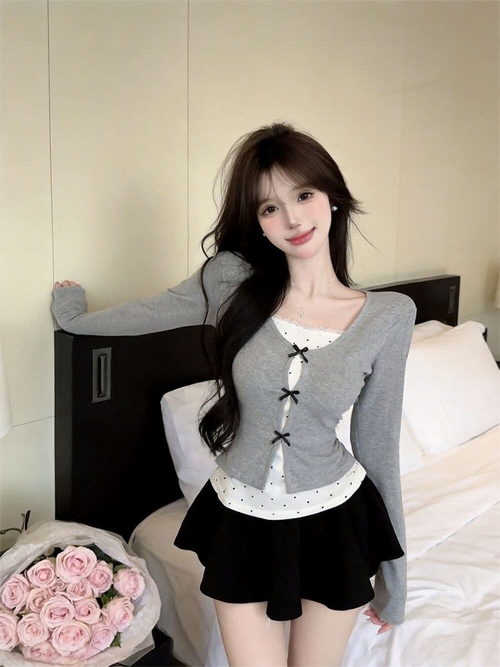 실사 새로운 순수한 욕망 핫걸 고유 한 디자인 센스 나비 매듭 페이크 레이어드 패치워크 긴팔 맨위 여성