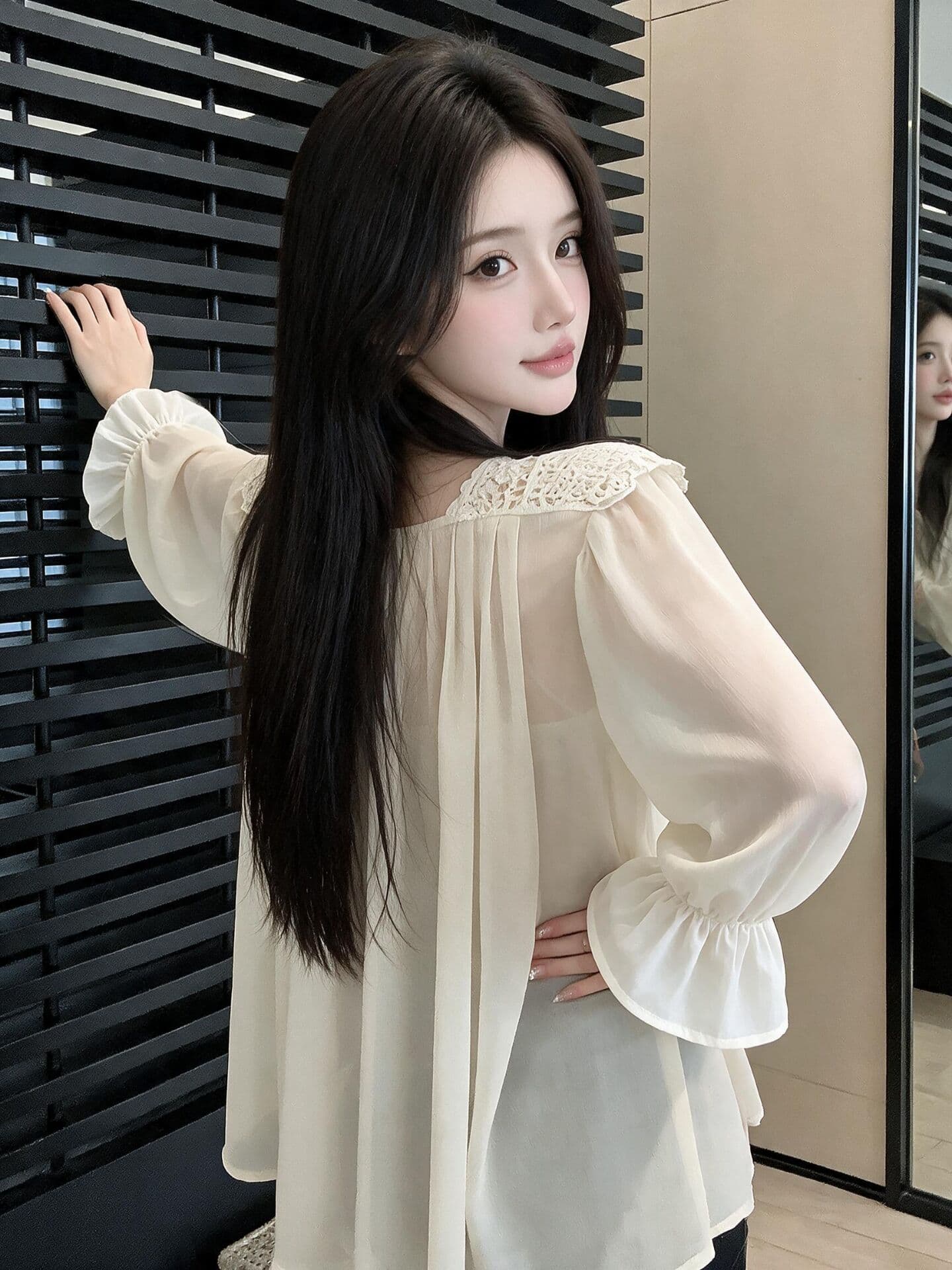 실사 새로운 한국 스타일 ins 바람 miu 무거운 작업 쉬폰 V넥 레이스 조각 자수 레이스 맨위 여성 인사이드 가져 가라. 상세 이미지 5