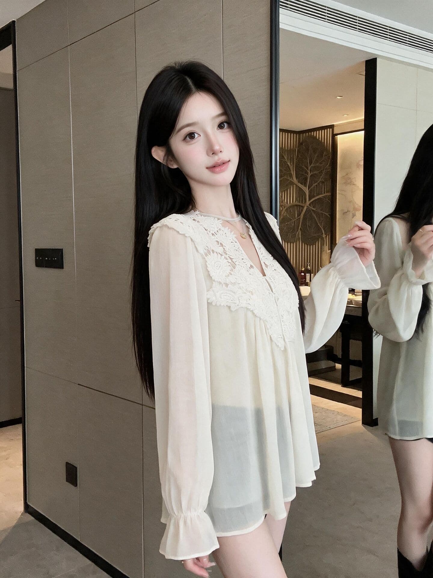 실사 새로운 한국 스타일 ins 바람 miu 무거운 작업 쉬폰 V넥 레이스 조각 자수 레이스 맨위 여성 인사이드 가져 가라. 상세 이미지 7
