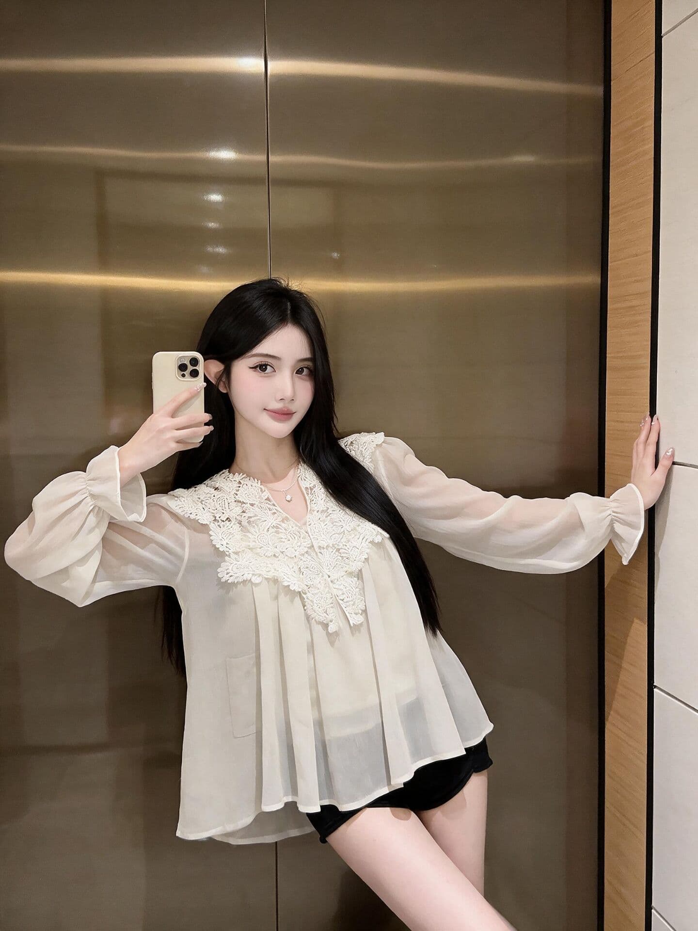 실사 새로운 한국 스타일 ins 바람 miu 무거운 작업 쉬폰 V넥 레이스 조각 자수 레이스 맨위 여성 인사이드 가져 가라. 상세 이미지 8